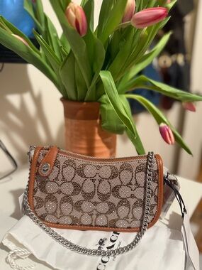 Coach Brown Signature Canvas Shoulder Bag with Tan Trim